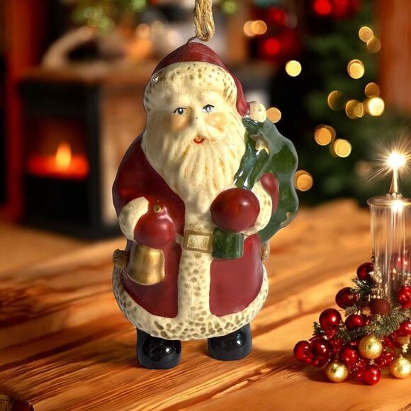 VTG Ceramic Bell Santa Christmas Ornament Articulated Legs 5” Green Gold Stars - Picture 1 of 14